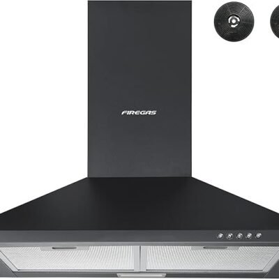 FIREGAS Black Chimney Cooker Hood 60cm with Carbon Filters Stainless Steel Wall Mounted Extractor Hood Recirculating & Ducting Extractor Fan Black Cooker Hood