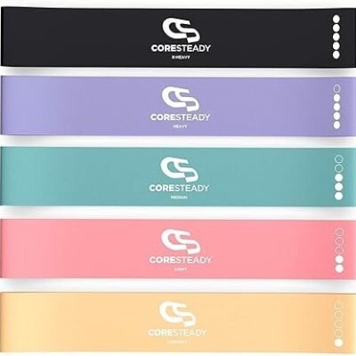 Coresteady Resistance Bands Set of 5 - Mini Fitness & Loop Exercise Band for Men & Women - Yoga, Body & Gym Sport Resistance Loop Bands for Strength, Muscle & Tone - With E-Guide & Travel Bag