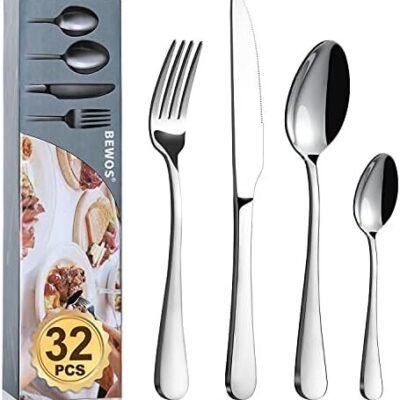 Cutlery Set, BEWOS 32 Piece Stainless Steel Flatware Set, Tableware Silverware Set with Spoon Knife and Fork Set, Service for 8, Dishwasher Safe/Easy Clean, Mirror Polished